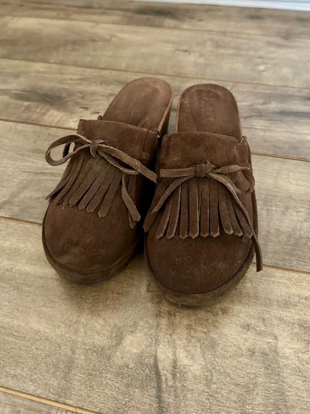 J. Crew Brown Suede Fringed Bow Slip-On Clogs